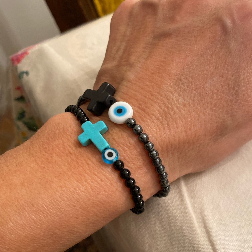 Genuine black onyx, turquoise, pearl /Evil Eye bracelet high quality - Picture 7 of 9